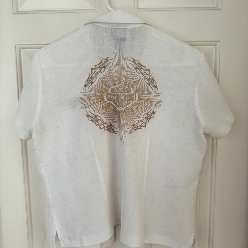 Vintage Harley Davidson White Linen Short Sleeve Embroidered Button Down Top